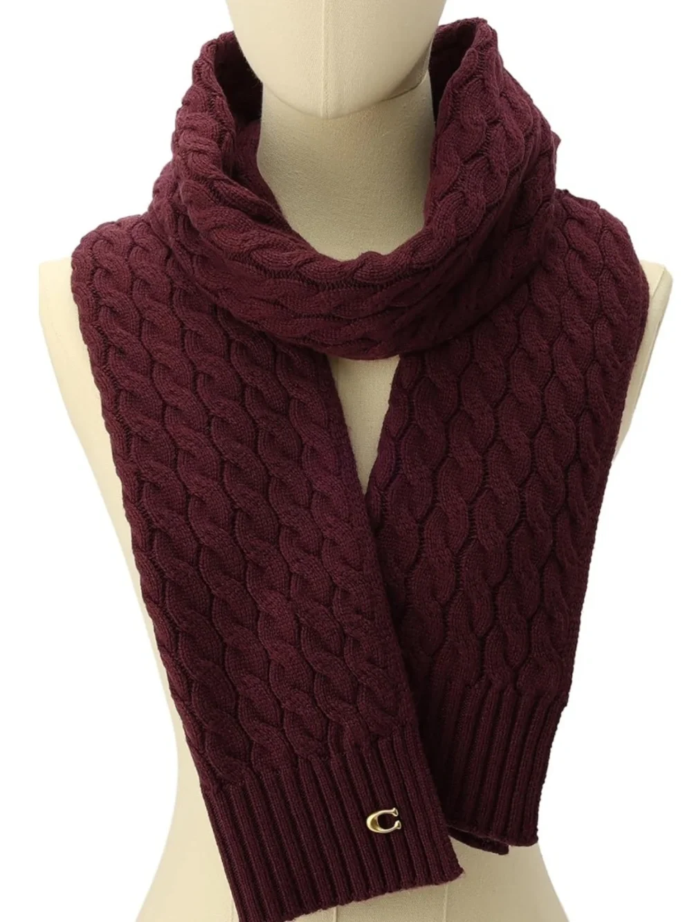Coach Cable Knit Scarf in Burgundy with Gold Logo - New